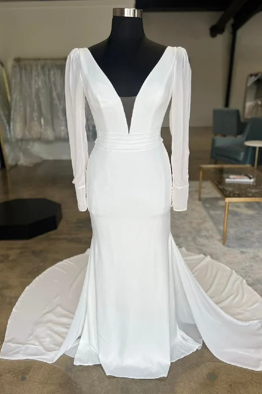 White Plunge V Open Back Long Wedding Dress with Long Sleeves