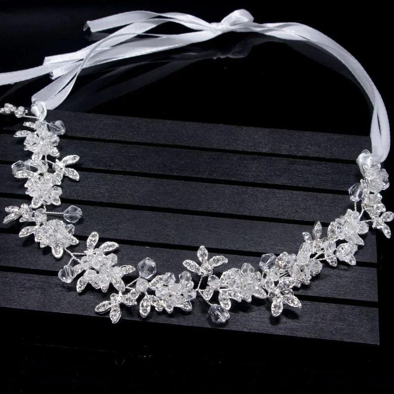 Women Luxury Rhinestone Flower Leaves Pattern White Color Ribbon Hairband