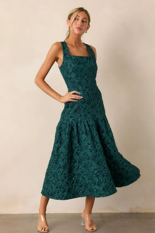 Moments of Clarity Jacquard Green Drop Waist Midi Dress