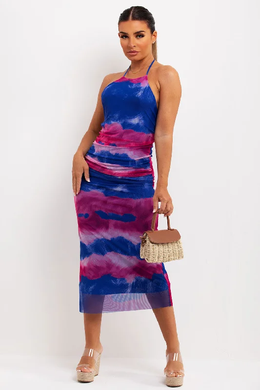 Printed Tulle Midi Dress Blue