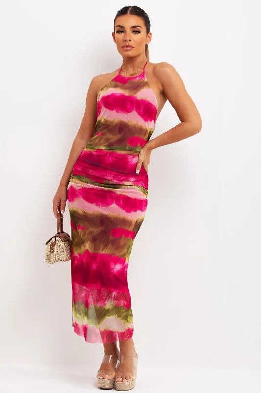 Printed Tulle Midi Dress Pink