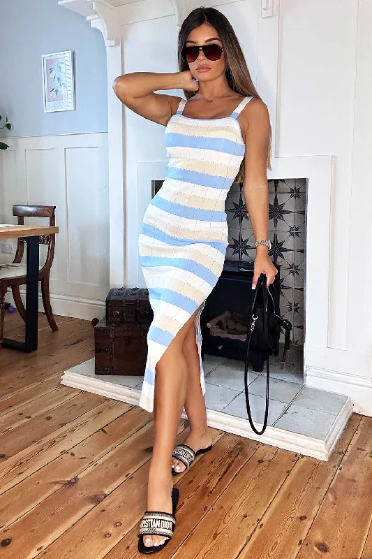 Ribbed Striped Midi Dress With Side Split Sky Blue