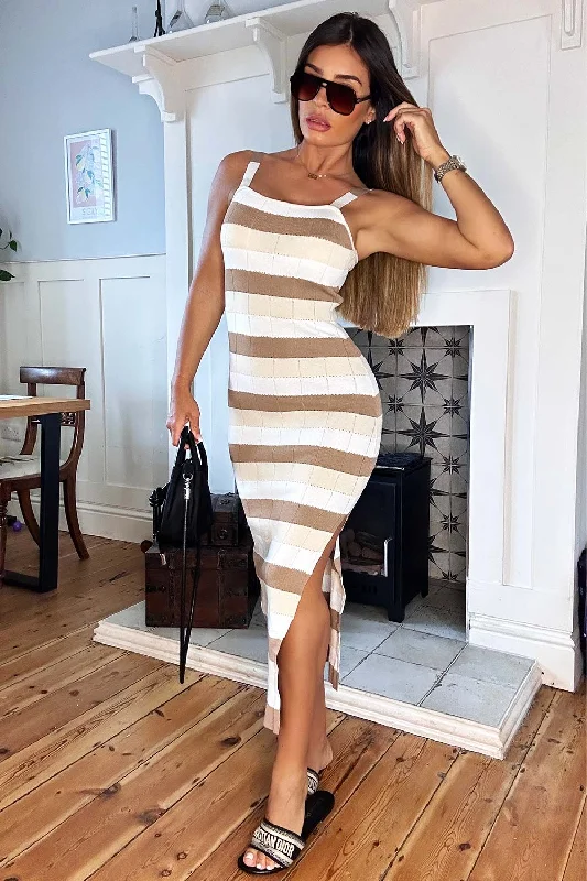 Ribbed Striped Midi Dress With Side Split Stone