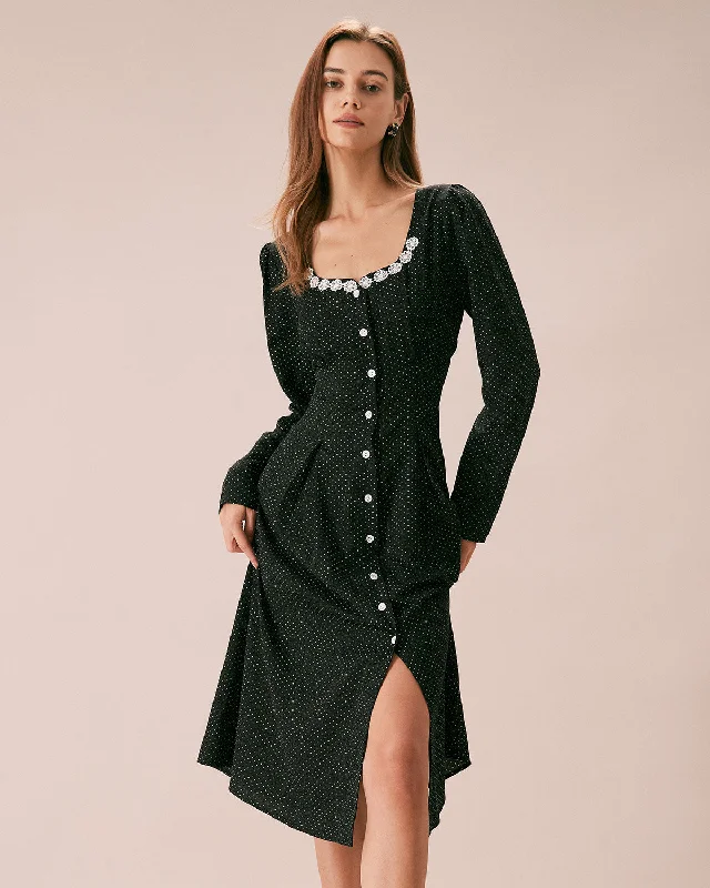 The Black U Neck Polka Dot Lace Midi Dress