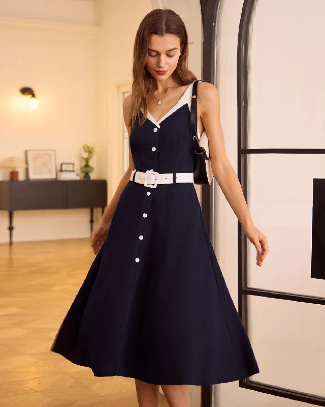 The Navy V Neck Colorblock Belted Midi Dress