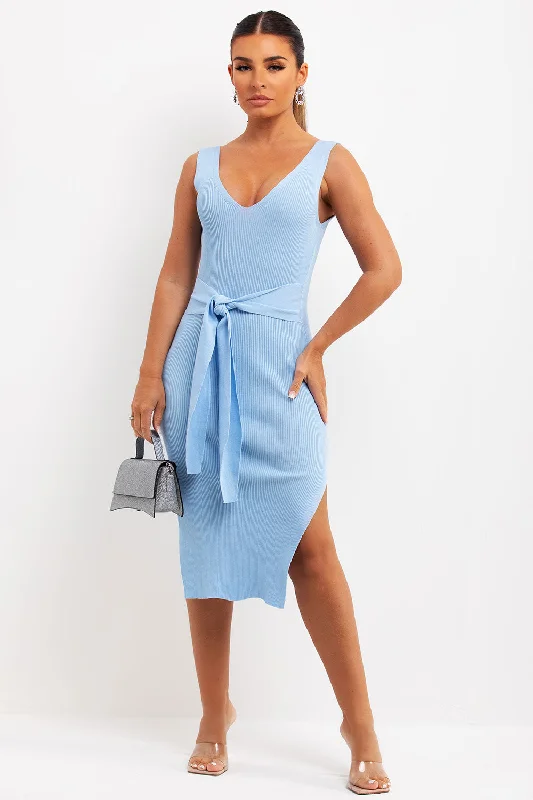 Tie Waist Rib Knit Midi Dress Sky Blue