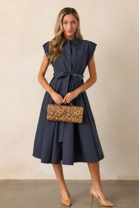 Ties To You 100% Cotton Navy Cap Sleeve Midi Dress