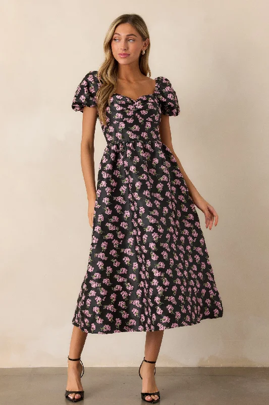 Time Flies Black Floral Jacquard Puff Sleeve Midi Dress