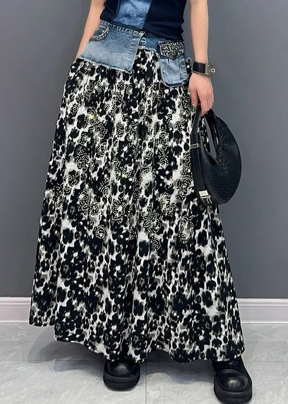 Chic Black Print High Waist Cotton Skirt Fall