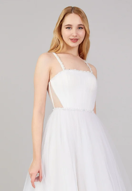 Sleeveless Spaghetti Strap Midi Tulle A - Line Cocktail Dress - White