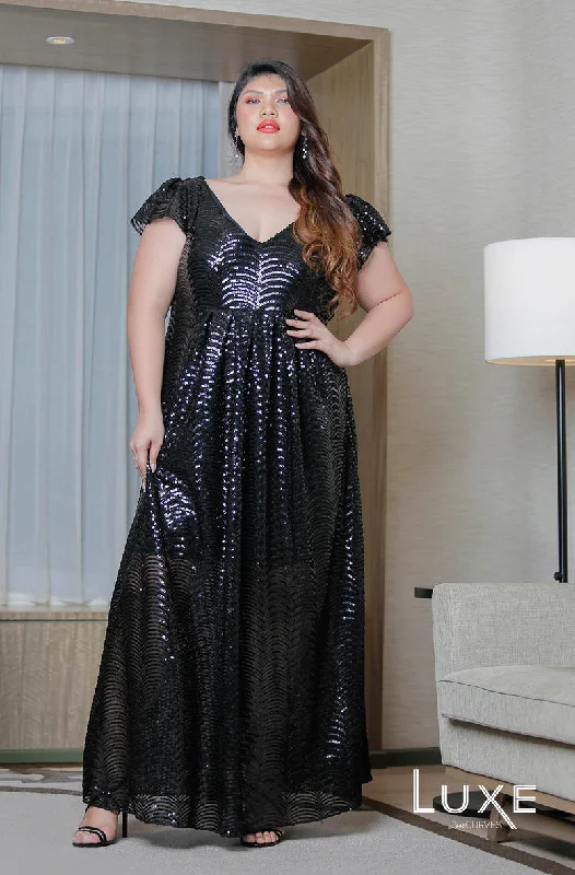 Deep V-Neck Glitter Gown - Black Queen - LUXE