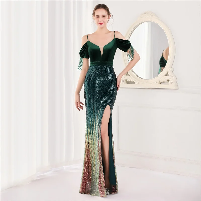 BerriesJam - Elegant Beading Spaghetti Strap Velvet Formal Evening Dress