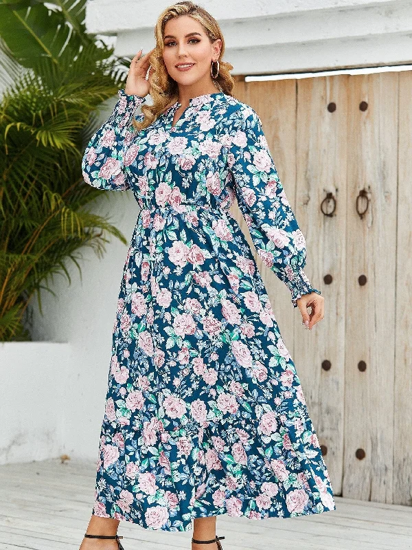 BerriesJam - Fashion Long Sleeve Flora Loose Long Party Dress