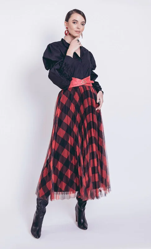 Helena Plaid Pleated Skirt in Red