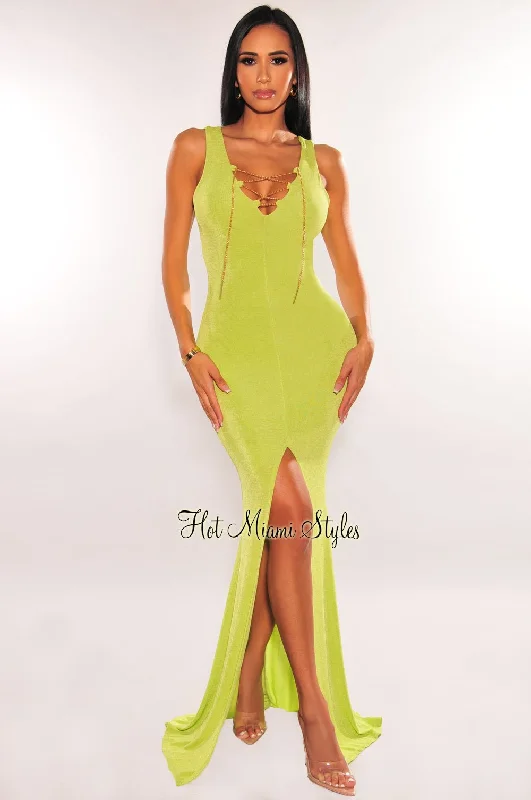 Lime Ribbed Sleeveless Gold Chain Lace Up Slit Gown