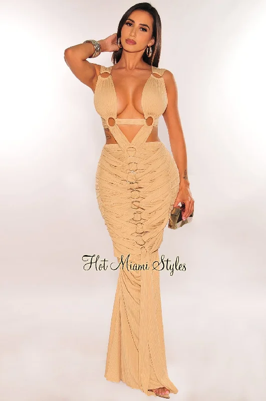 Nude Ribbed Cut Out O-Ring Pleated Gown