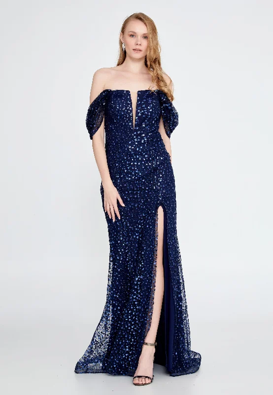 Off Shoulder Maxi Sequin Mermaid Regular Navy Evening Dress - Navy