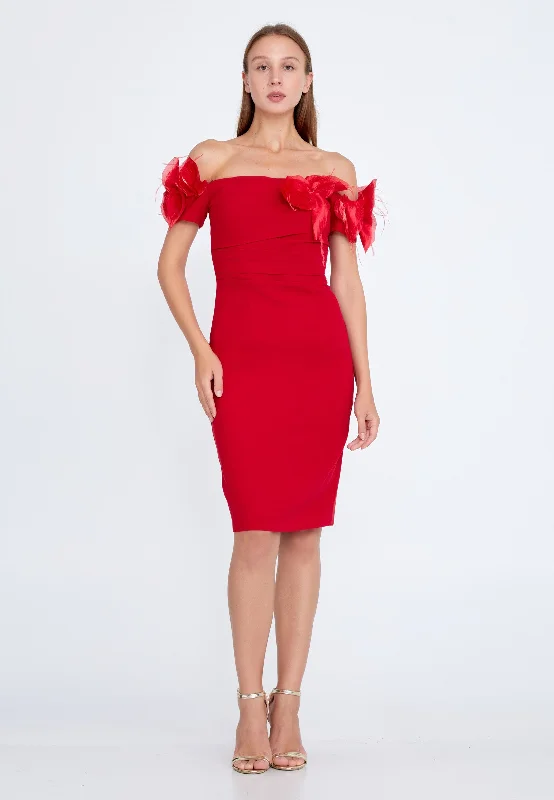 Off Shoulder Mini Crepe Column Regular Red Cocktail Dress