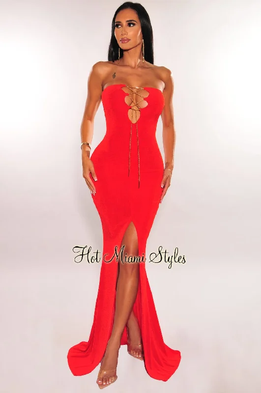 Red Ribbed Strapless Gold Chain Lace Up Slit Gown