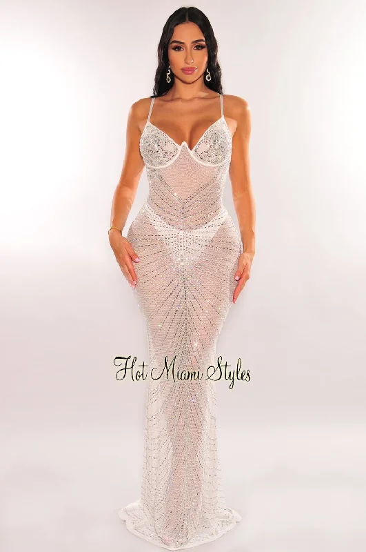 White Mesh Rhinestone Underwire Mermaid Gown