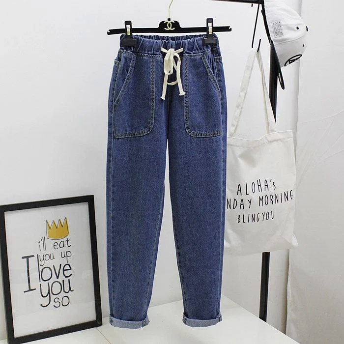 NiDELL Harem Jeans Female Student Elastic Waist Wide Leg Korean Style Loose Slimming High Waist Super Popular Lace up Straight Cropped Pants