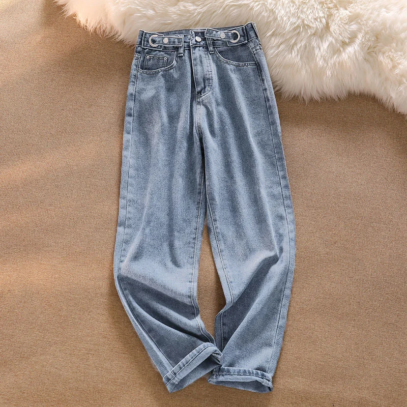 NiDELL Harem Jeans Female Students Spring and Autumn . New Straight Adjustable High Waist Cropped Tappered Daddy Pants Tide