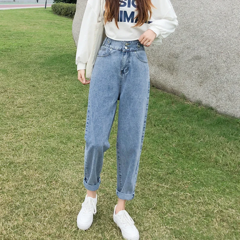 NiDELL Harem Jeans Women's Pants Fall . New Korean Style Straight Loose High Waist Slimming Cropped Tappered Daddy Pants