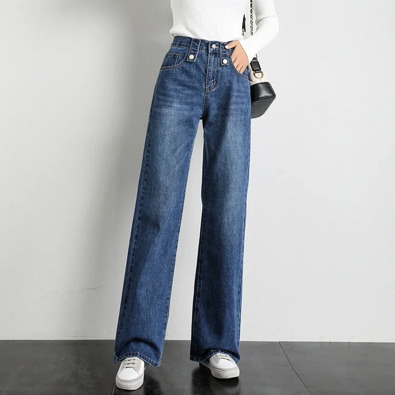 NiDELL High Waist Elastic Straight Jeans Women . New Design Sense Loose Drooping Vibe Style Wide Leg Mop Pants