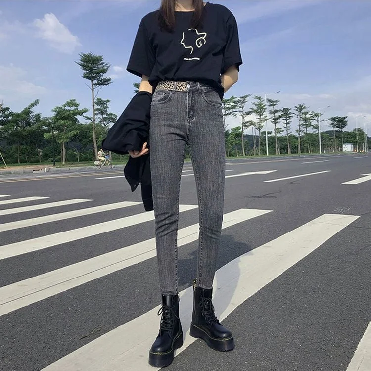 NiDELL High Waist Stretch Jeans for Women . New Leopard Print Tappered Pants Tight-Fitting Korean Style Slimming High-Looking Pencil Pants