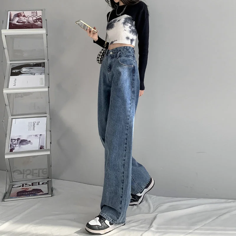 NiDELL Jeans for Women . New Retro High Waist Design Cross Figure Flattering Straight-Leg Pants Drape Mop Pants