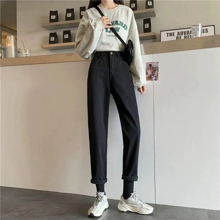 NiDELL Jeans Women's Loose . Spring and Autumn New Korean Style High Waist Slimming and Straight Dad Tappered Harem Pants Fashion