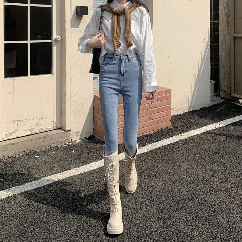 NiDELL Light-Colored Jeans Women's Spring . New High Waist Korean Style Slimming Stretch Skinny Versatile Tappered Pencil Pants