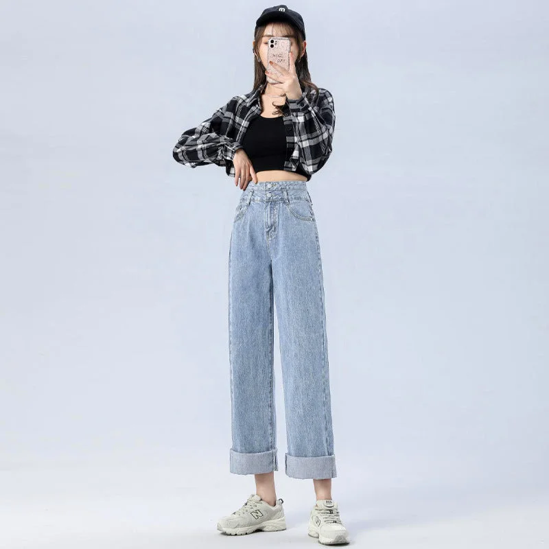 NiDELL Loose Wide Leg Double Buckle High Waist Jeans Female Summer New Korean Style Straight Drooping Mop Pants High Street Chic Fashion