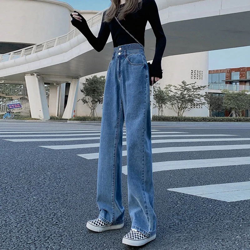 NiDELL Mop Straight Jeans Women's Small Autumn and Winter Loose Ultra High Waist Double Buckle Vibe Style Drape Wide Leg Pants Fashion