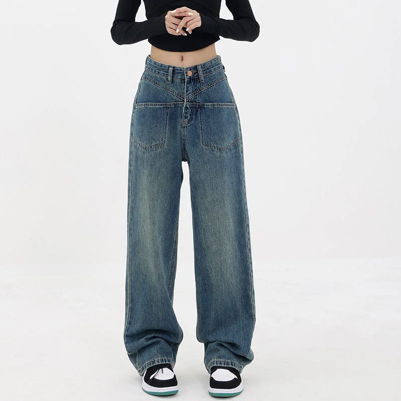 NiDELL Niche Design Front Pocket Wide Leg Jeans for Women Pear-Shaped Plump Girls High Waist Straight Loose Mop Pants Tide