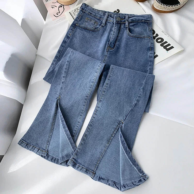 NiDELL Real Shot Retro Slit Wide Leg Jeans Women's High Waist Elastic Slim Fit Slimming Fork Slightly Flared Mop Pants Autumn