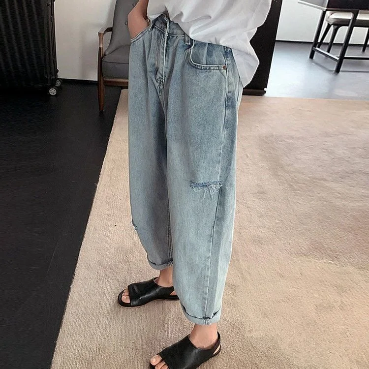 NiDELL Ripped Jeans Women's High Waist . Spring and Autumn New Harem Korean Style Loose Wide Leg Daddy Pants Fashion for Students