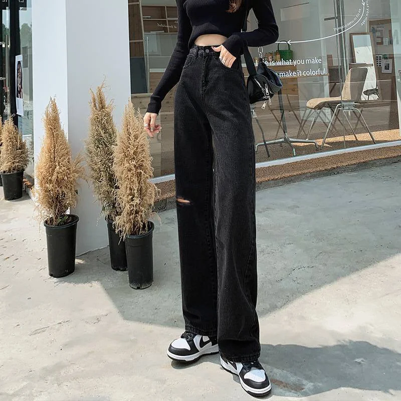 NiDELL Ripped Jeans Women's Summer Thin Straight Loose . New Small High Waist Drooping Mop Wide Leg Pants