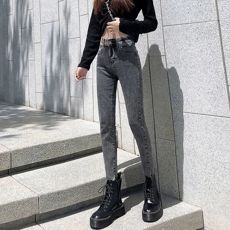 NiDELL Smoky Gray Jeans Women's Spring New High Waist Slimming Korean Style Leopard Print Stitching Tight Stretch Pencil Skinny Pants