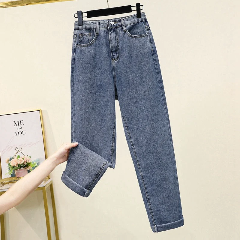 NiDELL Spring and Autumn New Cropped Jeans Female Students Loose Wide Leg Straight High Waist Slimming Korean Style Dad Tappered Pants