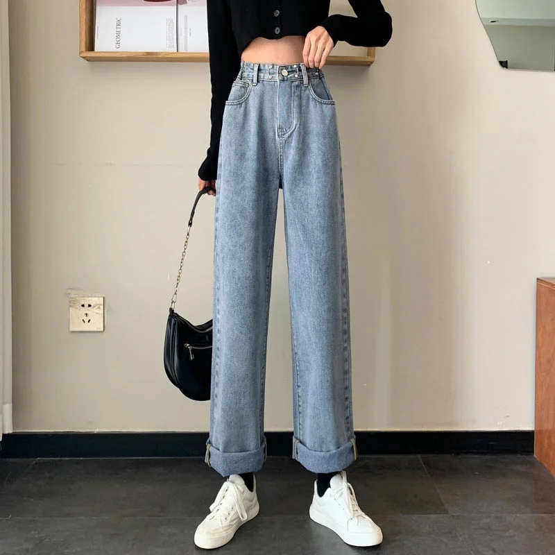 NiDELL Spring and Autumn New Jeans Women's Loose plus Size Straight Wide-Leg Pants Trendy High Waist Petite Slimming Versatile Mop Pants