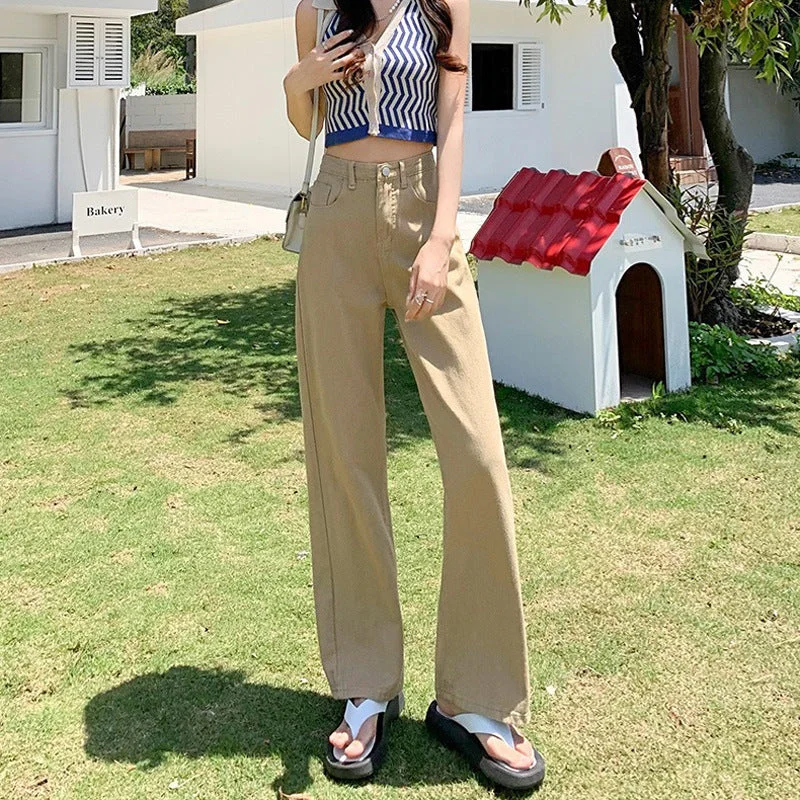 NiDELL Summer and Autumn Retro New Style Small Straight-Leg Pants Versatile Korean Style Loose High Waist Drooping Wide Leg Mop Jeans for Women