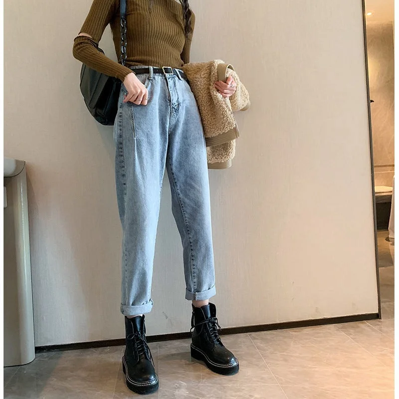 NiDELL Women's High Waist Jeans Autumn 2020 New Korean Style Boyfriend Chic Elegant Versatile Loose Wide Leg Daddy Pants Tide