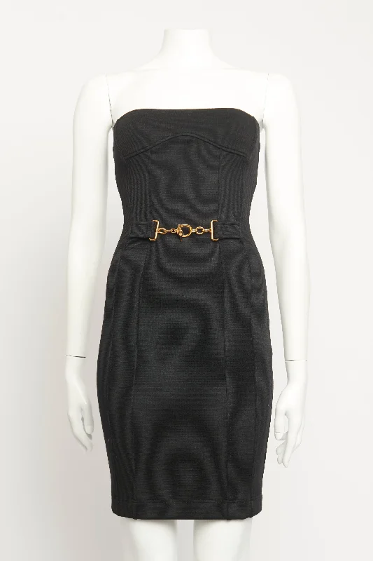 2011 Black Wool Blend Belted Knee Length Dress