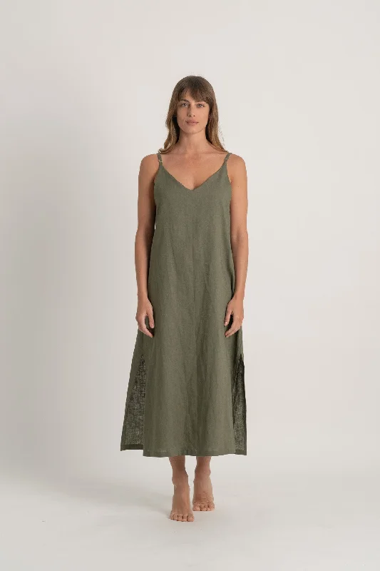 Basique Linen Slip Dress Khaki