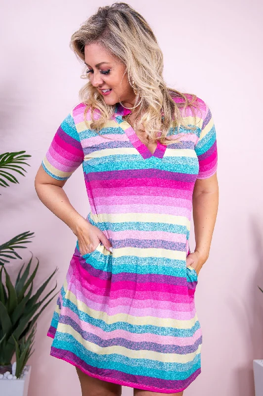 Definite Icon Pink/Multi Color Striped Dress - D5344PK