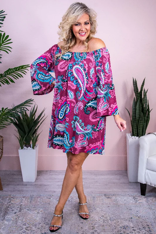 Here's The Plan Magenta/Multi Color Paisley Off The Shoulder Dress - D5520MV