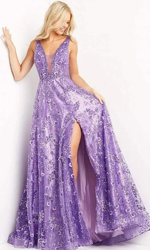 Jovani - 08422 Floral Applique Slit A-line Dress