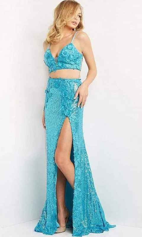 Jovani - 08471 Floral Applique Two-Piece High Slit Sequin Prom Dress