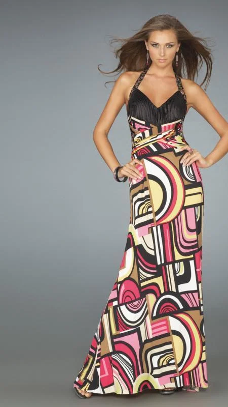 La Femme - 14283 Long Halter Printed Dress